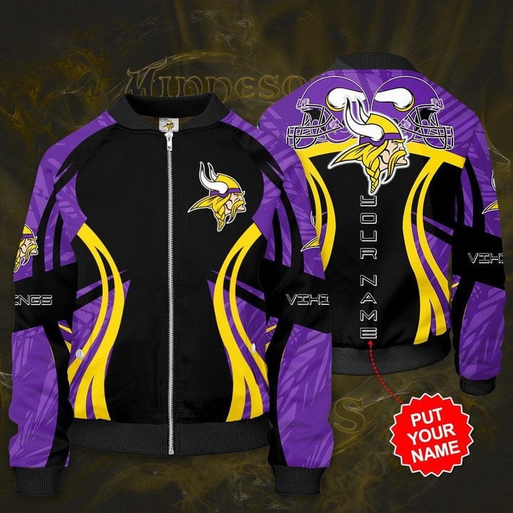 Minnesota Vikings Custom Name Black Purple Bomber Jacket