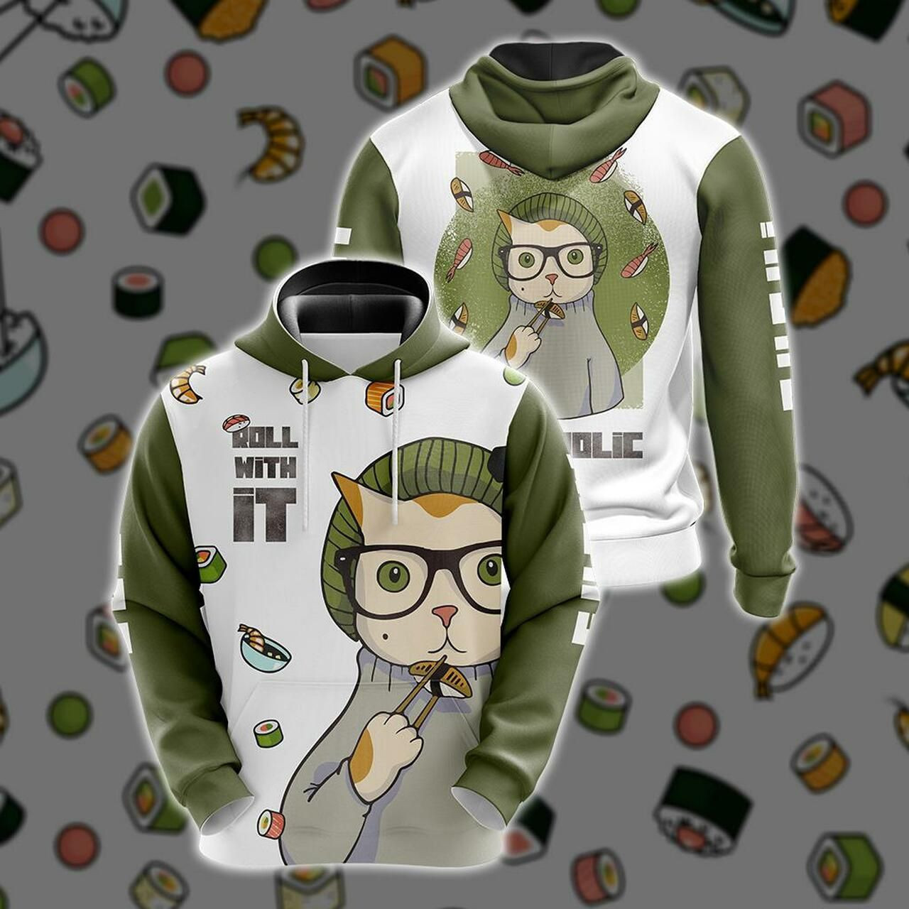 Hipster Cat Sushi Unisex 3D All Over Print Hoodie & Zip Hoodie