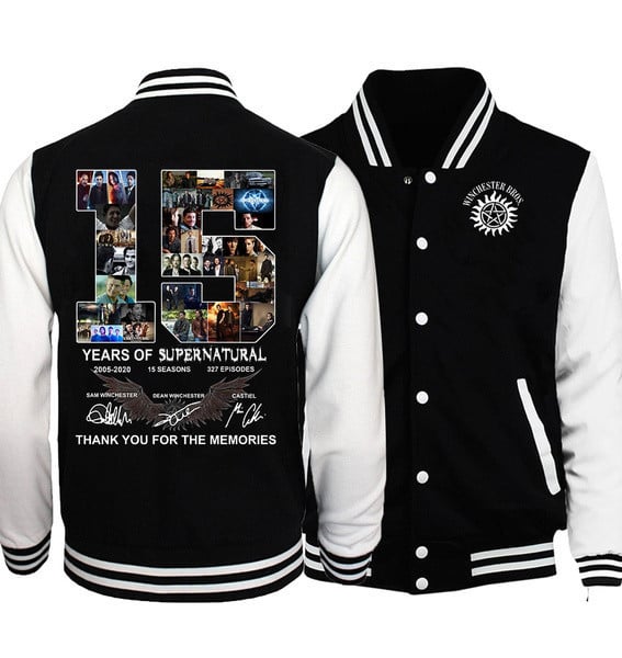 Supernatural 15 Years Anniversary Signatures Mens Baseball Jacket Sweatshirt