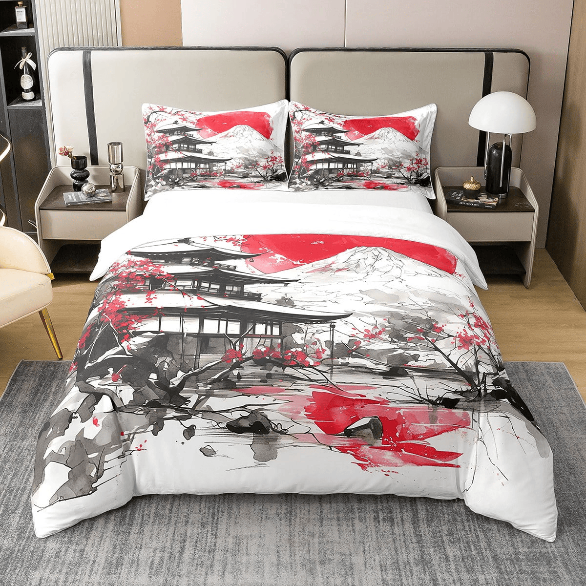 Japan Bedding Set Cherry Blossoms And Mount Fuji Duvet Covers White