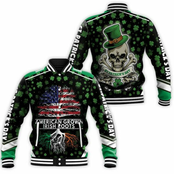 American Grown Irish Roots Saint Patrick Day Skull 6k731 Gift For Fan Baseball Jacket 330
