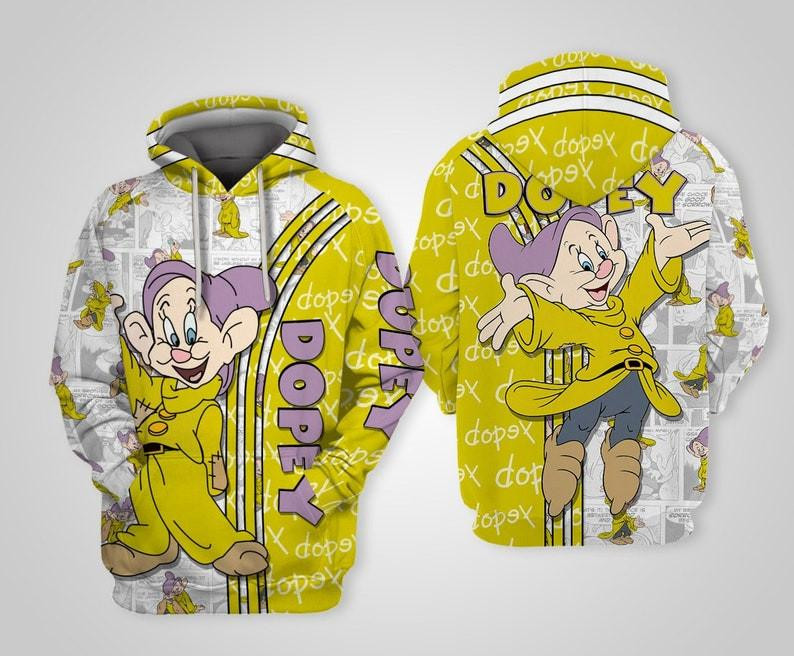 Yellow Dopey Snow And Seven The Dwarfs Cartoon, Dopey Signature All Over Print Hoodie, Zip Hoodie