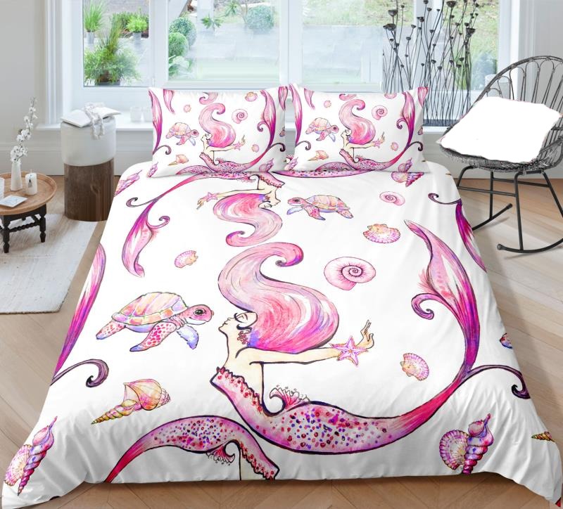 Mermaid Bedding Set Mermaid Turtle Conch Shell Pattern Duvet Covers White