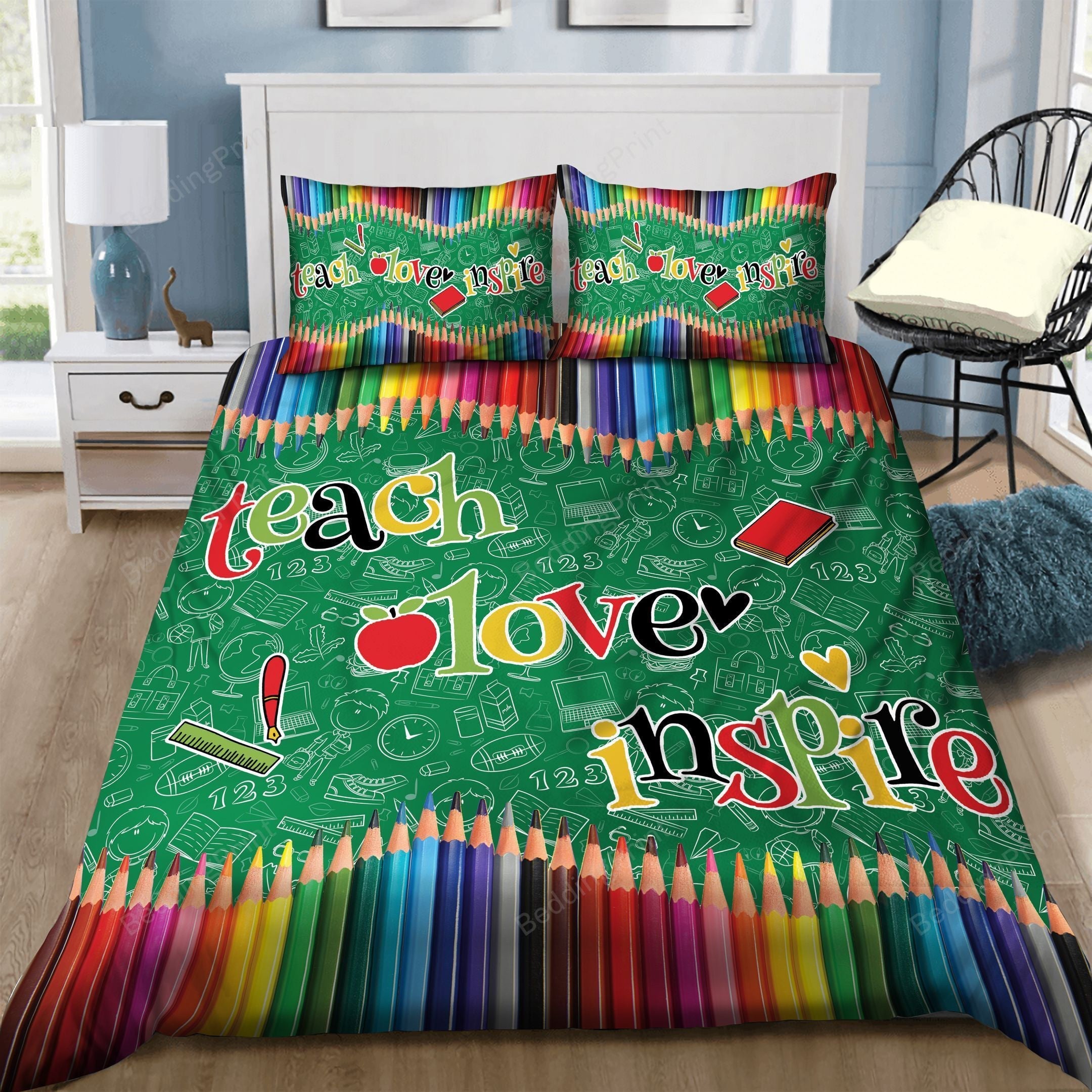 Teacher Bedding Set Crayon Teach Love Inspire Duvet Covers