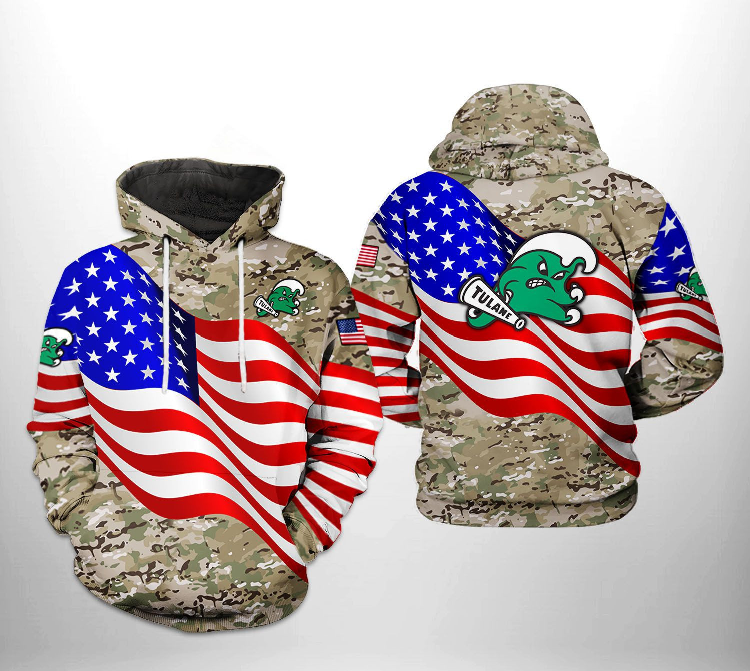 Tulane Green Wave US Flag Camo Veteran 3D All Over Print Hoodie & Zip Hoodie