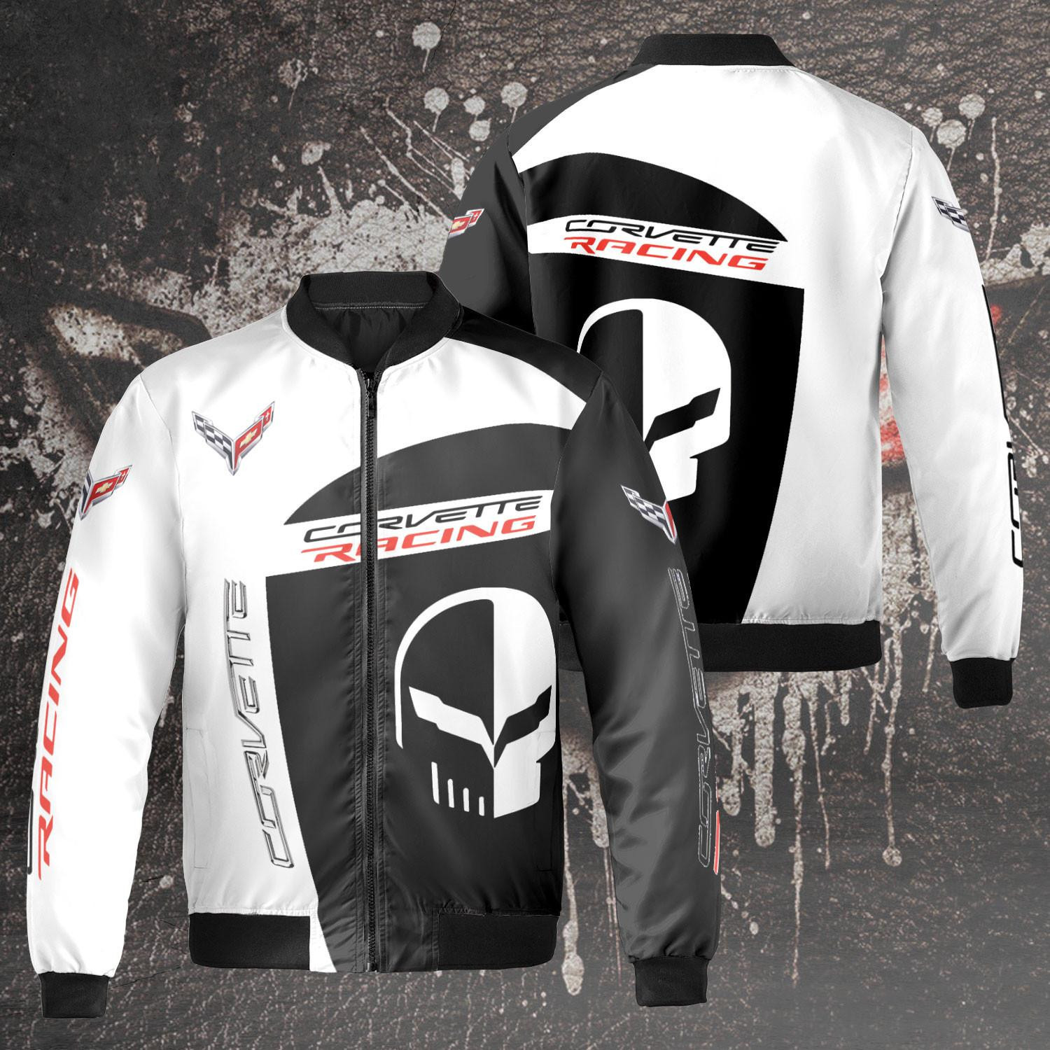 Chevrolet Corvette Racing Black N White Sport Car Bomber Jacket 436