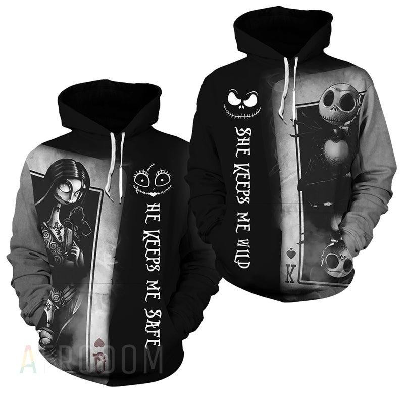 Jack & Sally Couple He Keeps Me Safe, She Keeps Me Wild 3d Hoodie