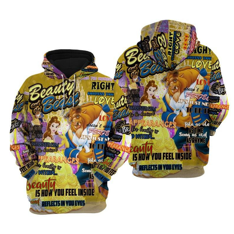 Cartoon Beauty And The Beast, Belle Princess, Quotes All Over Print Hoodie, Zip Hoodie