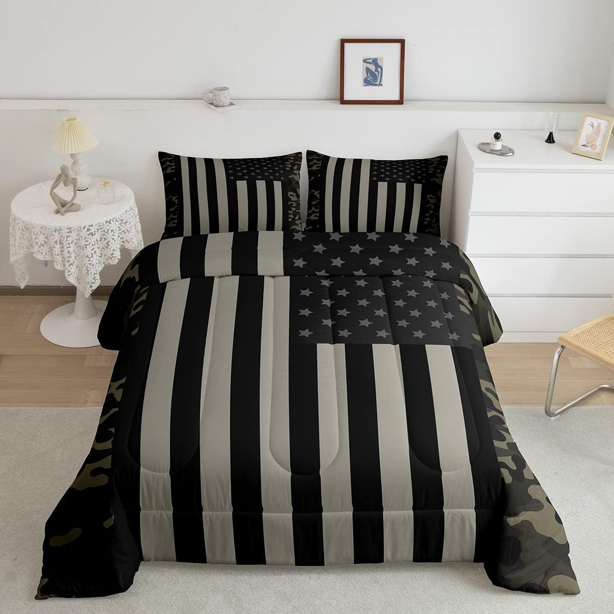 Veteran Bedding Set Veteran American Flag Camoflage Pattern Duvet Covers Black