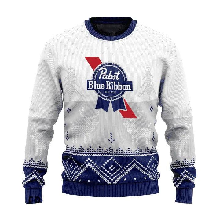 Personalized Pabst Blue Ribbon Winter Reindeer Ugly Christmas Sweater