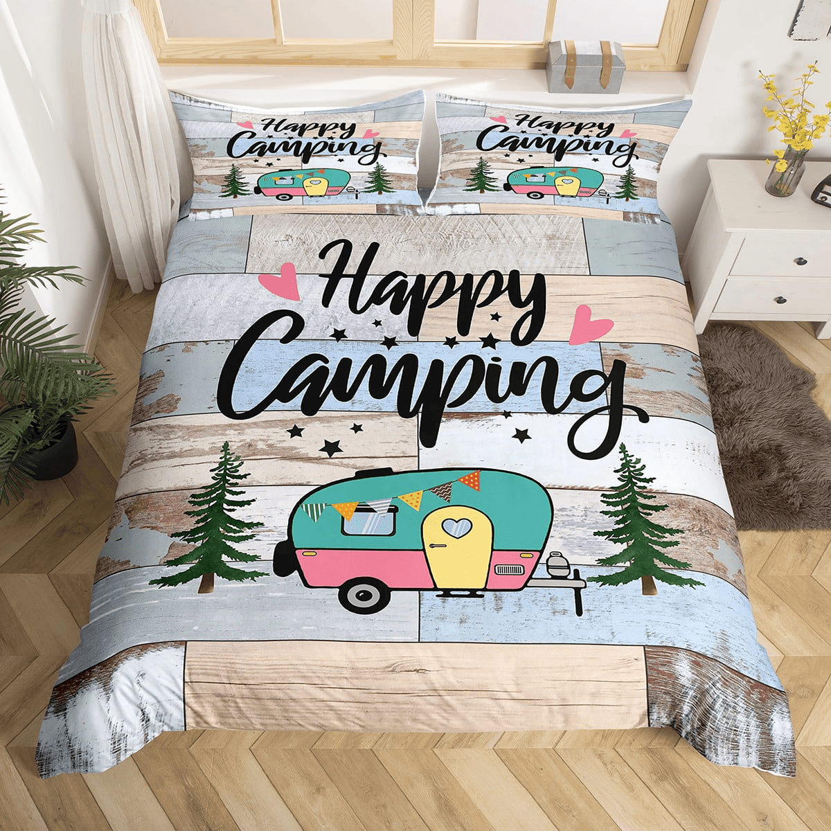 Camping Bedding Set Rustic Wood Pattern Happy Camping Duvet Covers