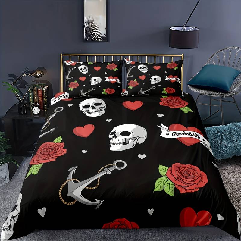 Skull Bedding Set Skull Rockabilly Heart Rose Pattern Duvet Covers Black