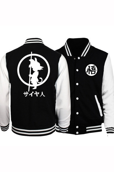 Anime Character Printed Stand Collar Button-down Black Varsity Baseball Jacket