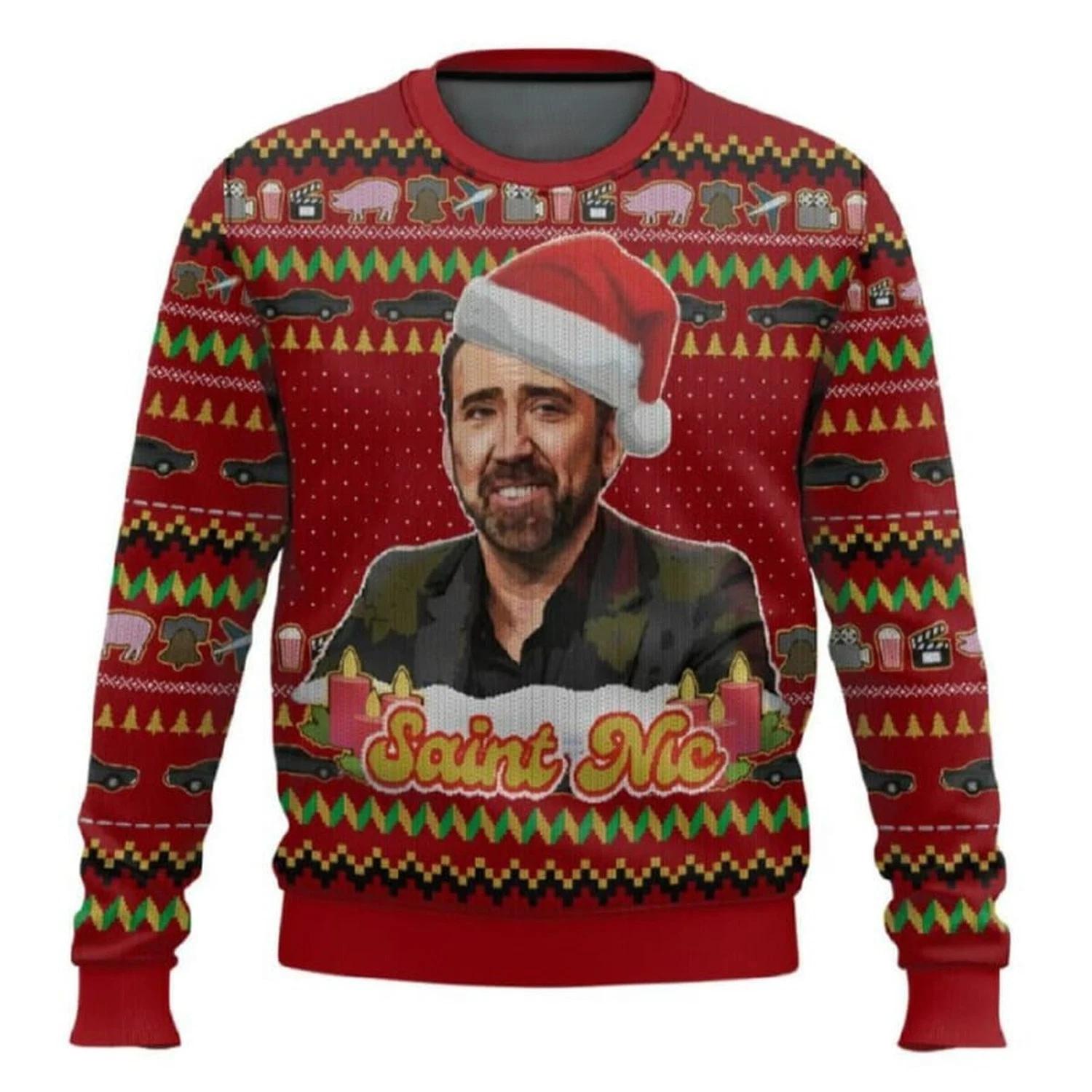 Nicolas Cage Jolly Old Saint Nic Ugly Christmas Sweater