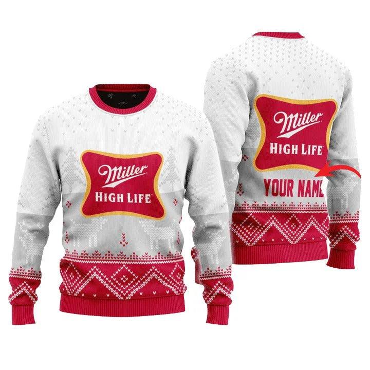 Personalized Miller High Life Winter Reindeer Ugly Christmas Sweater