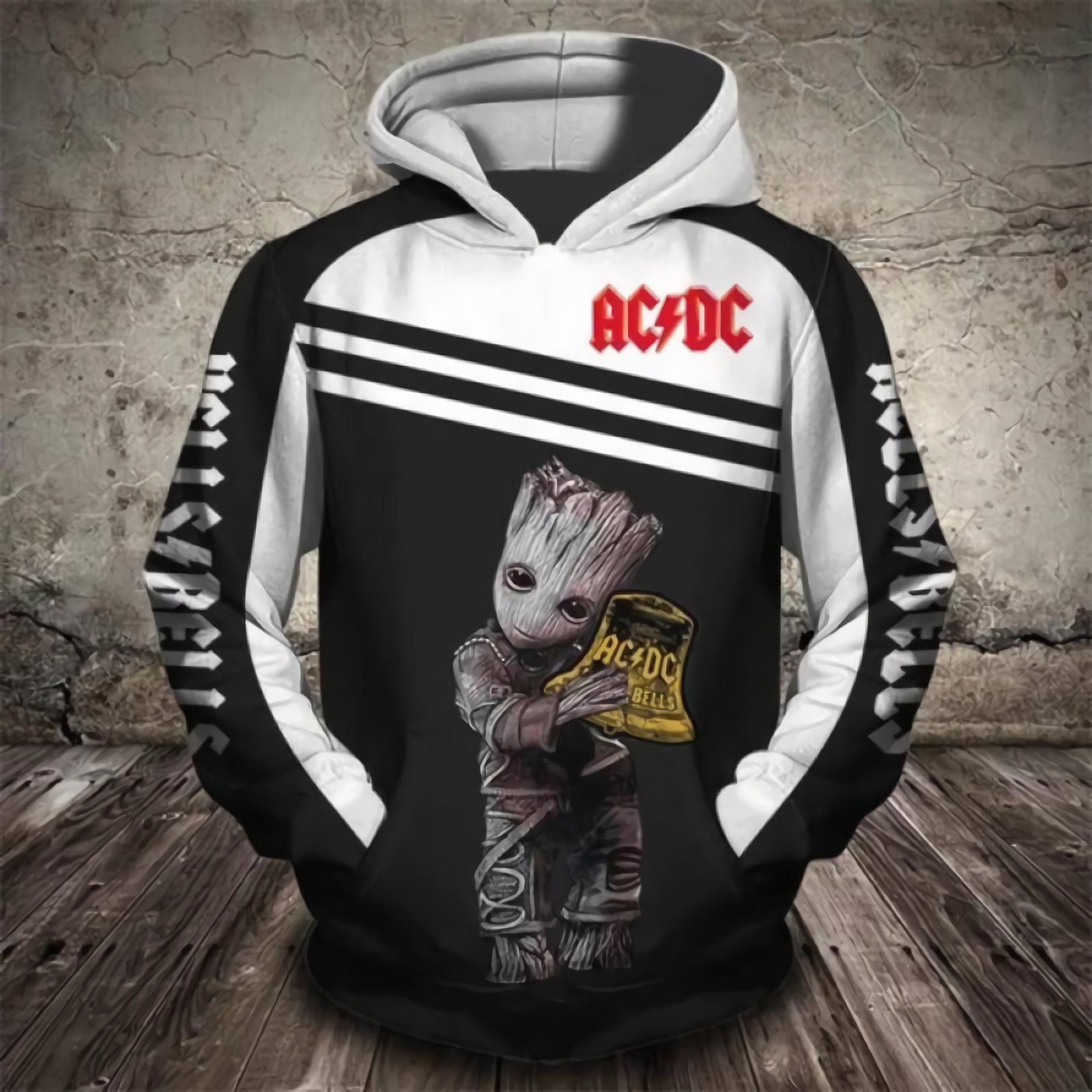 Baby Groot Marvel Comics, Groot Hug Acdc Band Logo Hells Bellsall Over Print Hoodie