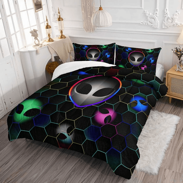 Alien Bedding Set Alien Heads Hexagon Pattern Duvet Covers