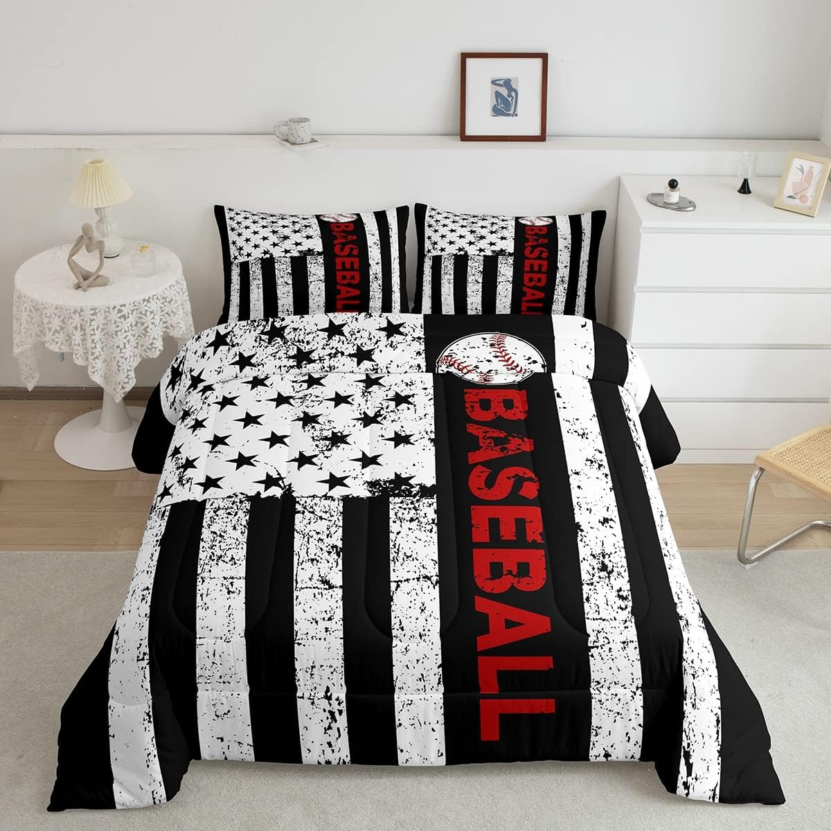 Baseball Bedding Set American Flag Stripe Baseball Graphic Duvet Covers