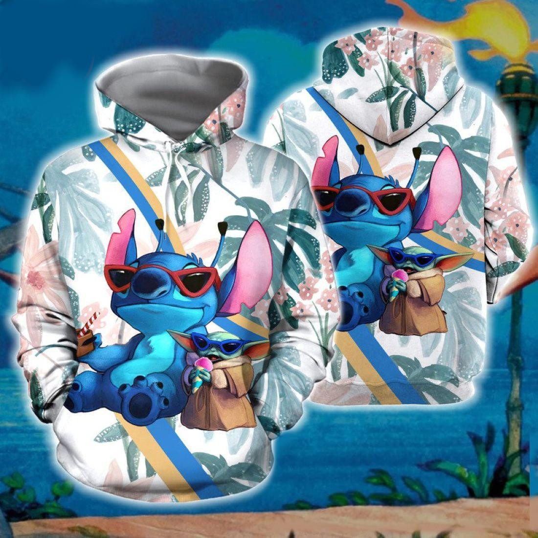 Cool Yoda And Stitch Fan Gift, Stitch And Yoda Tropical Leaf All Over Print Hoodie