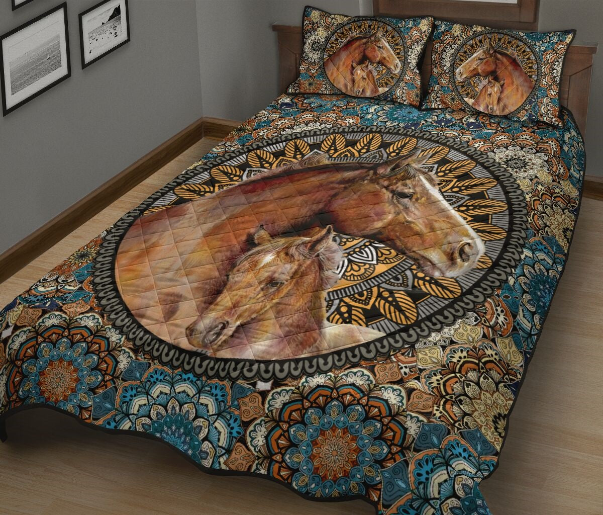 Horse Bedding Set Horse Mother And Baby Mandala Duvet Covers Brown