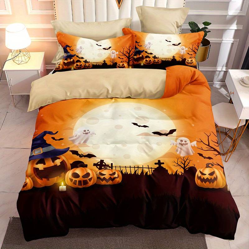 Halloween Bedding Set Pumpkin Ghost Moon Bat Duvet Covers Orange