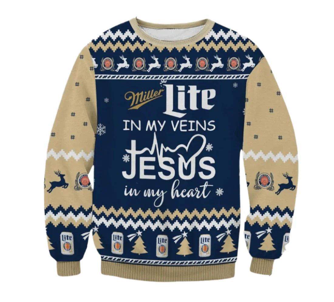 Miller Lite In My Veins Ugly Christmas Sweater