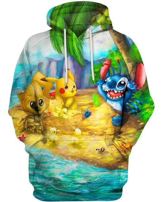 Cute Things On The Beach Pikachu Stitch Groot 3D All Over Print Hoodie & Zip Hoodie
