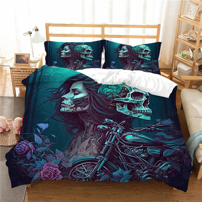 Skull Bedding Set Beauty And Skull With Bike Duvet Covers