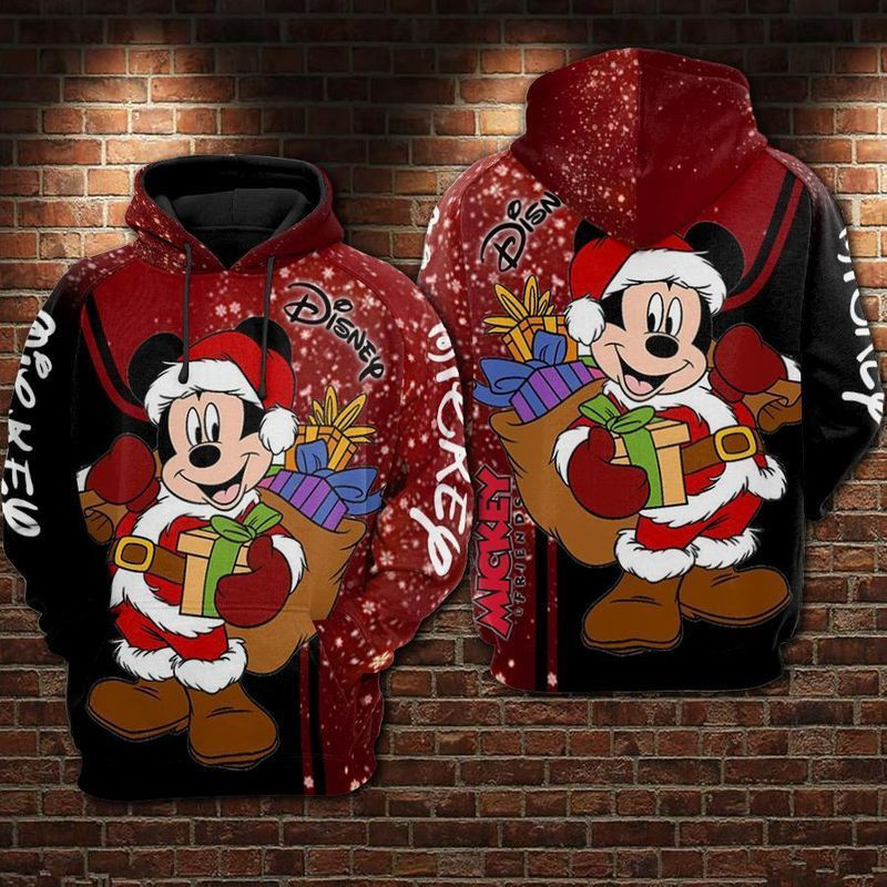 Mickey Mouse Santa Claus Ugly Christmas Pattern Red & Black Over Print 3d Hoodie Zip Hoodie 18