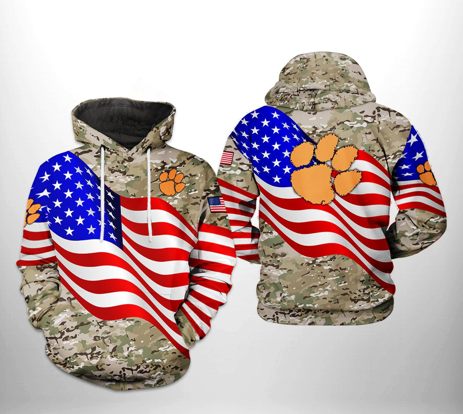 Clemson Tigers US Flag Camo Veteran 3D All Over Print Hoodie & Zip Hoodie