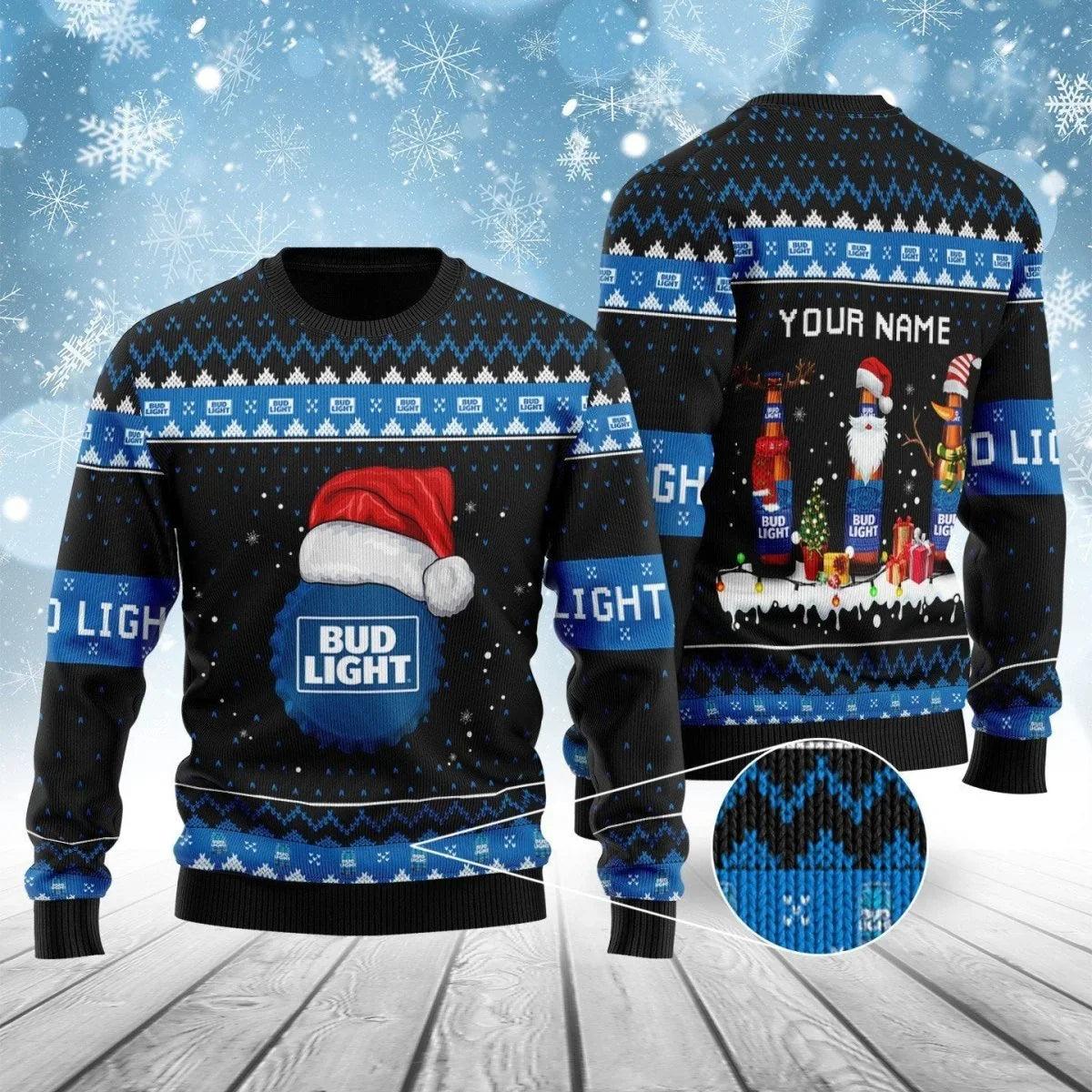 Personalized Bud Light Bottle Santa Ugly Christmas Sweater