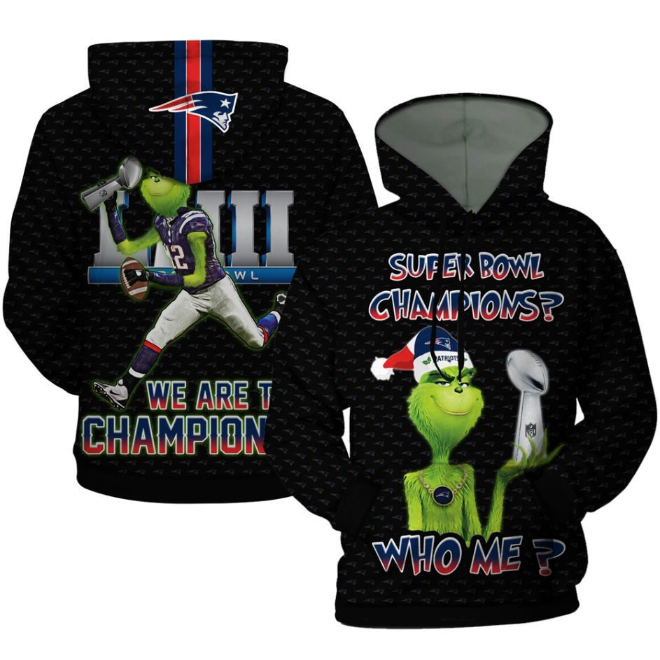 The Grinch New England Patriots Super Bowl Champions Santa Hat 3D All Over Print Hoodie & Zip Hoodie