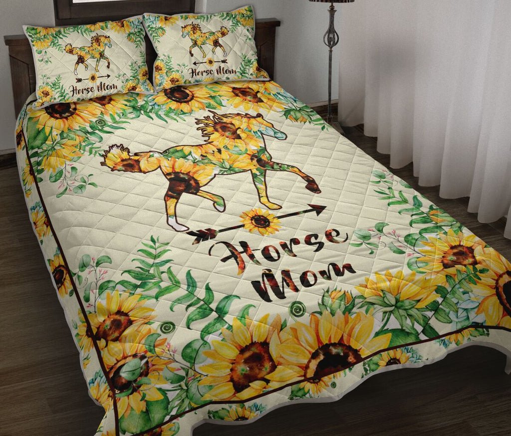 Horse Bedding Set Horse Mom Sunflowers Pattern Duvet Covers White