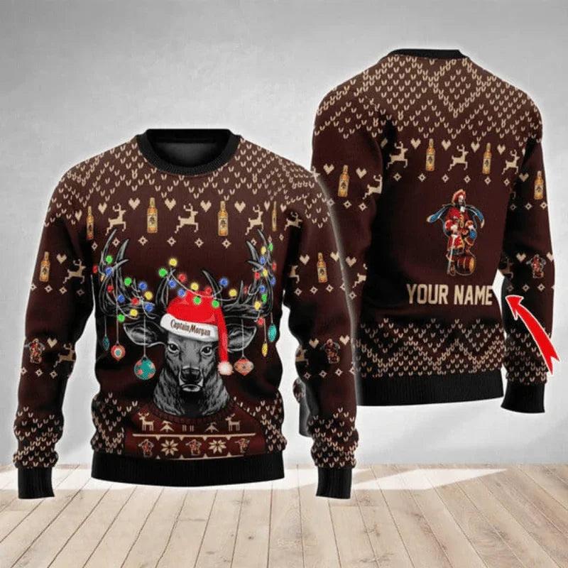 Personalized Captain Morgan Christmas Reindeer String Lights Ugly Christmas Sweater