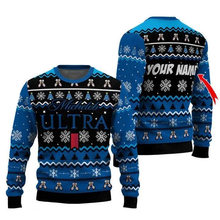 Personalized Michelob Ultra Pine Tree Snowing Ugly Christmas Sweater