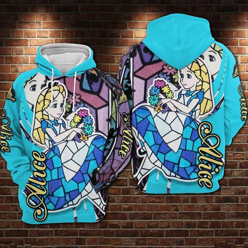 Alice In Wonderland Stained Glass Style Over Print 3d Hoodie Zip Hoodie