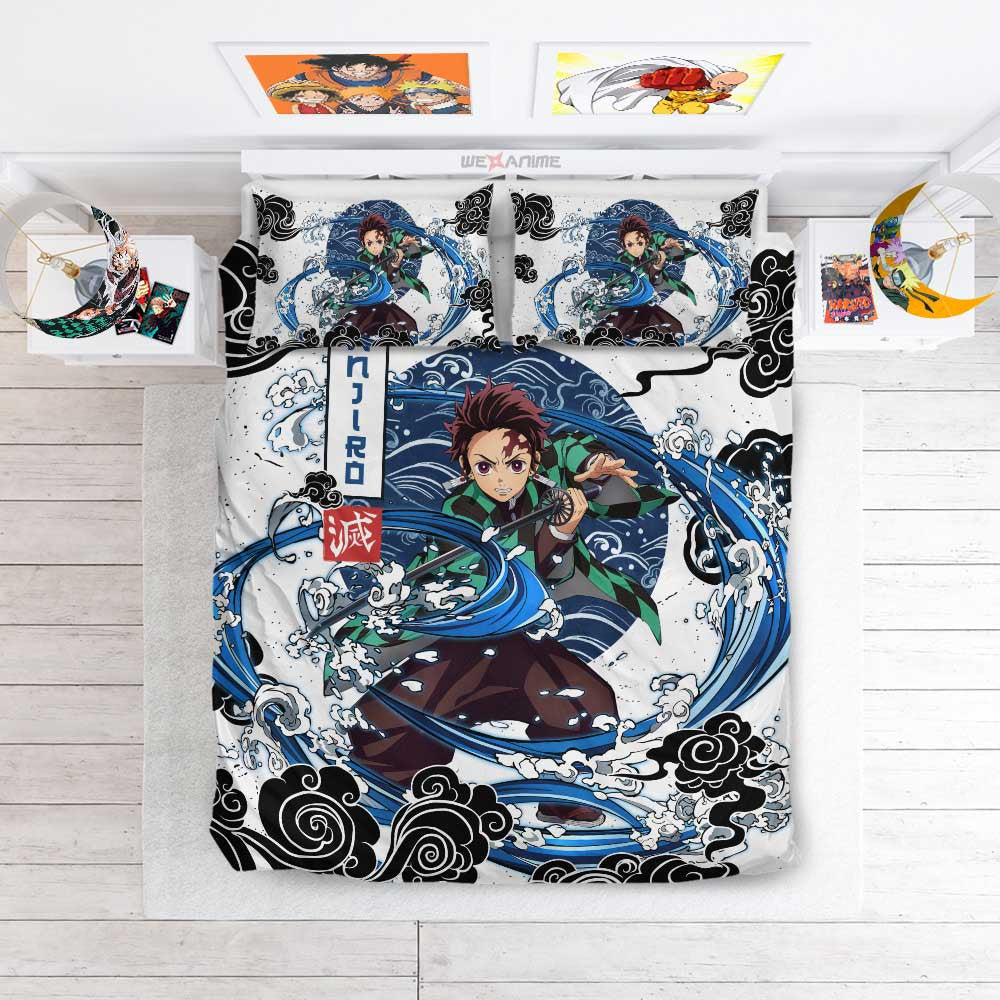 Demon Slayer Bedding Set Tanjiro Kamado Fighting Water Breathing Duvet Covers Blue
