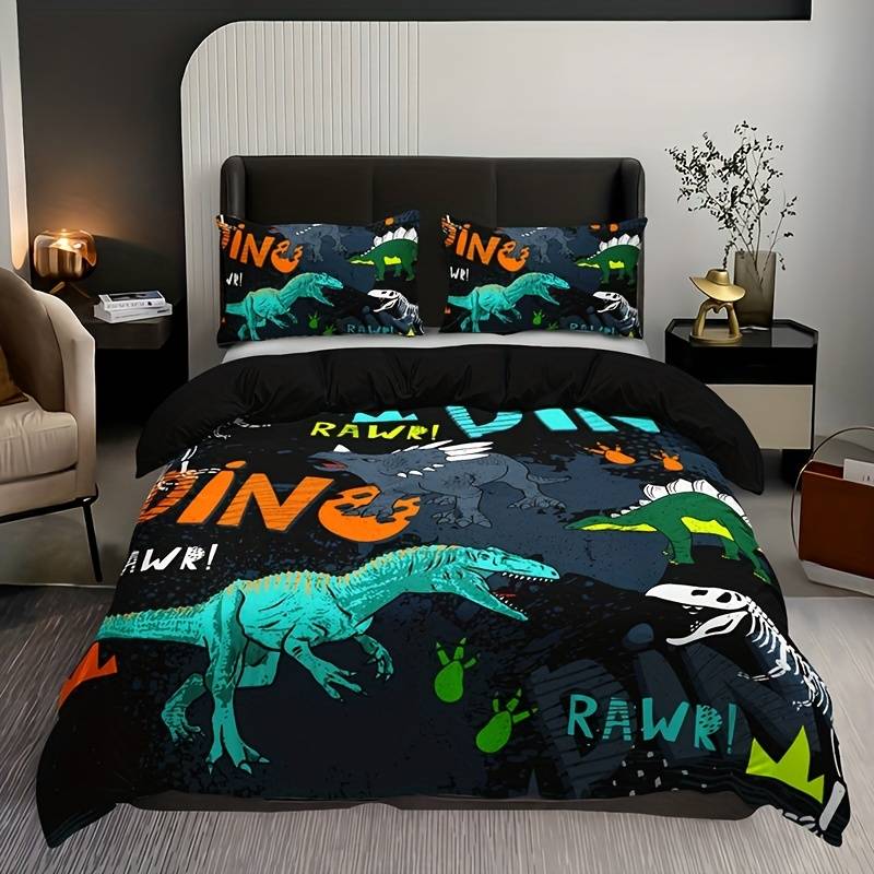 Dinosaur Bedding Set Dino Rawr Fossil Graphic Pattern Duvet Covers Black