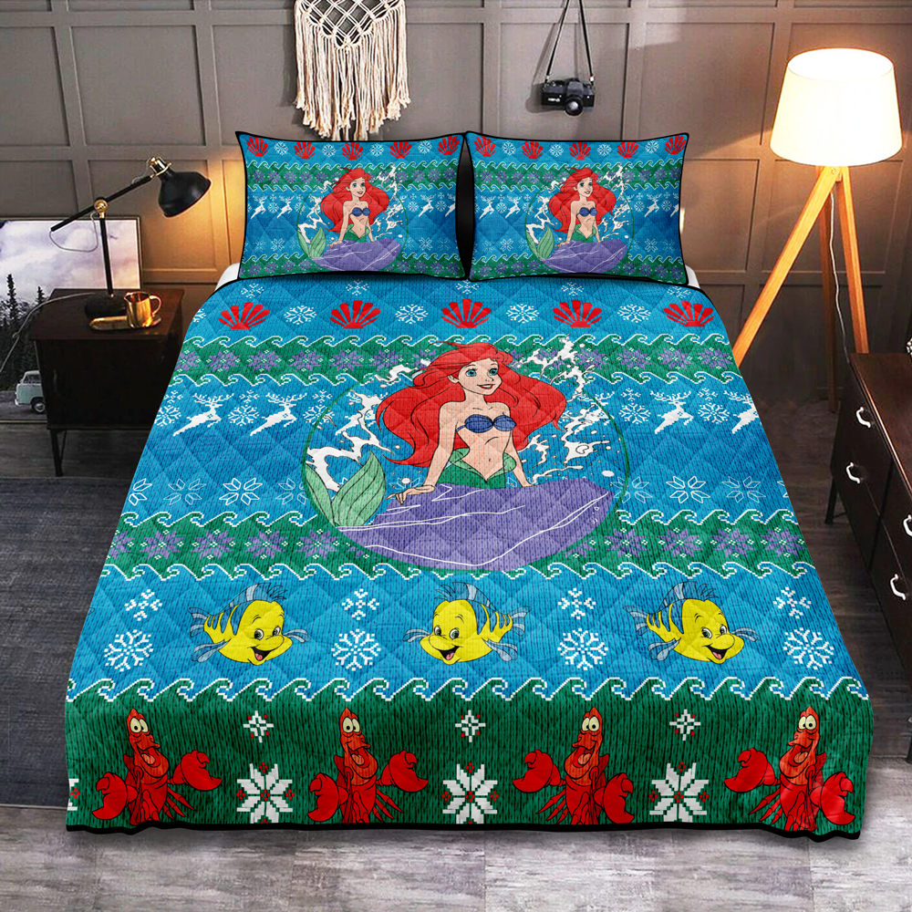 Little Mermaid Bedding Set DN Ariel Little Mermaid Characters Pattern Duvet Covers Blue