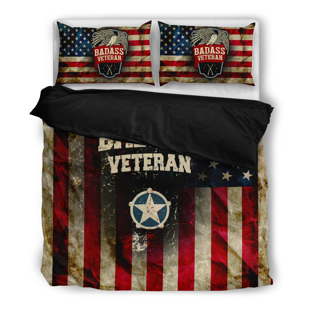 Veteran Bedding Set Badass Veteran American Flag Vintage Duvet Covers Blue
