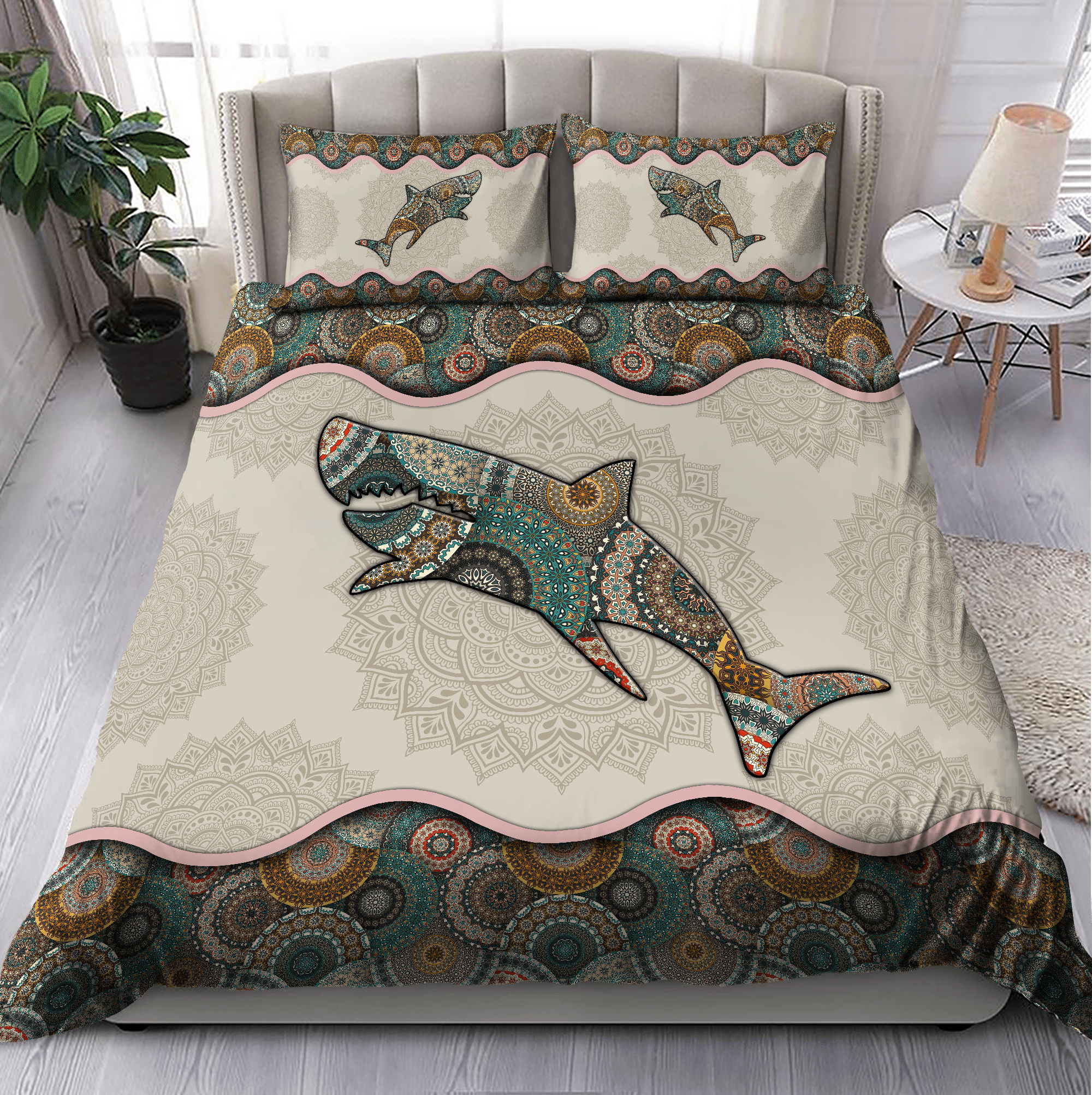 Shark Bedding Set The Shark Mandala Pattern Duvet Covers Green