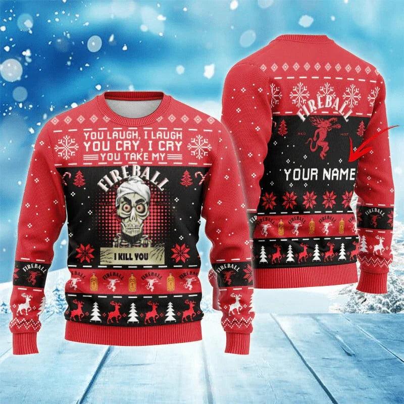Personalized Fireball Funny Skeleton Ugly Christmas Sweater