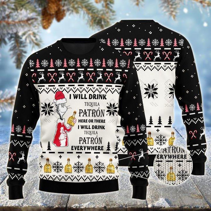 Patron Cat Hat Will Drink Everywhere Ugly Christmas Sweater