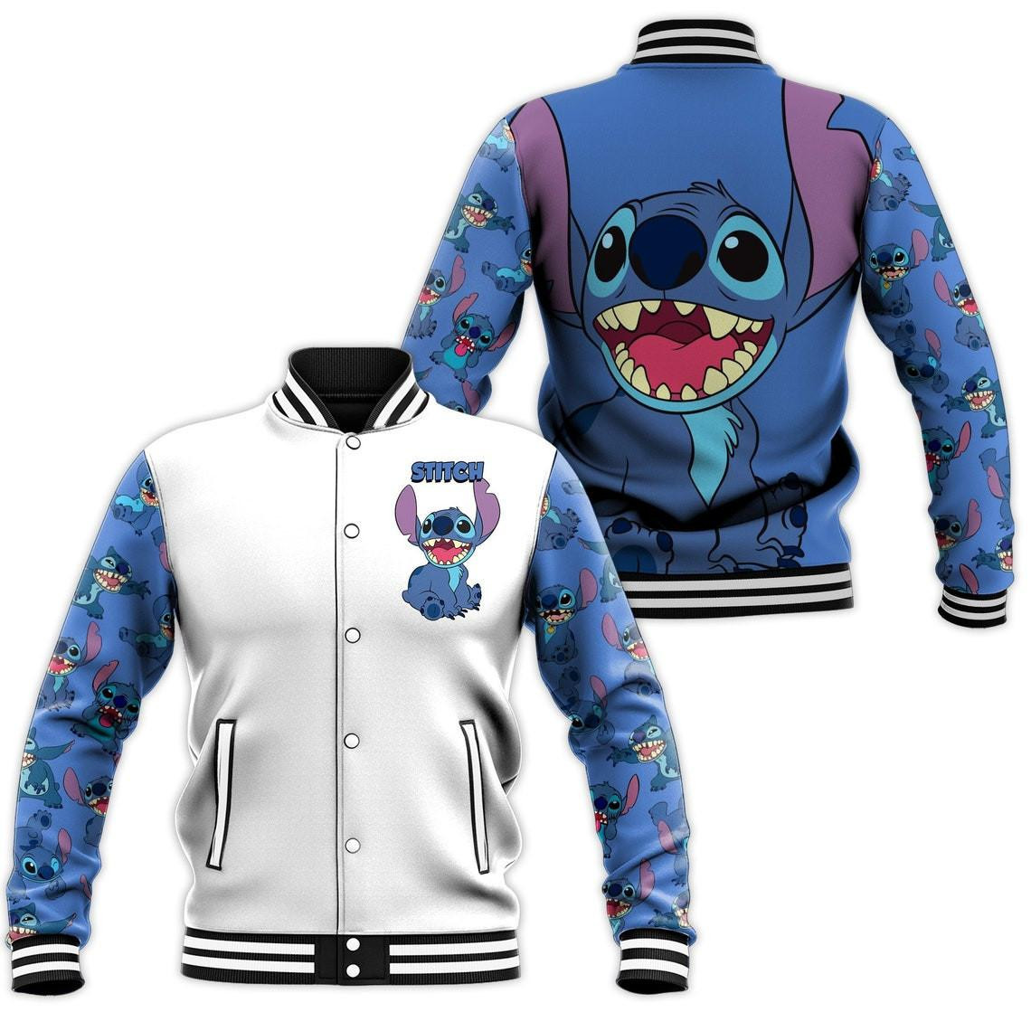 Stitch Pattern White Blue Disney Unisex Cartoon Graphic Casual Outfits Gift Lover Baseball Jacket
