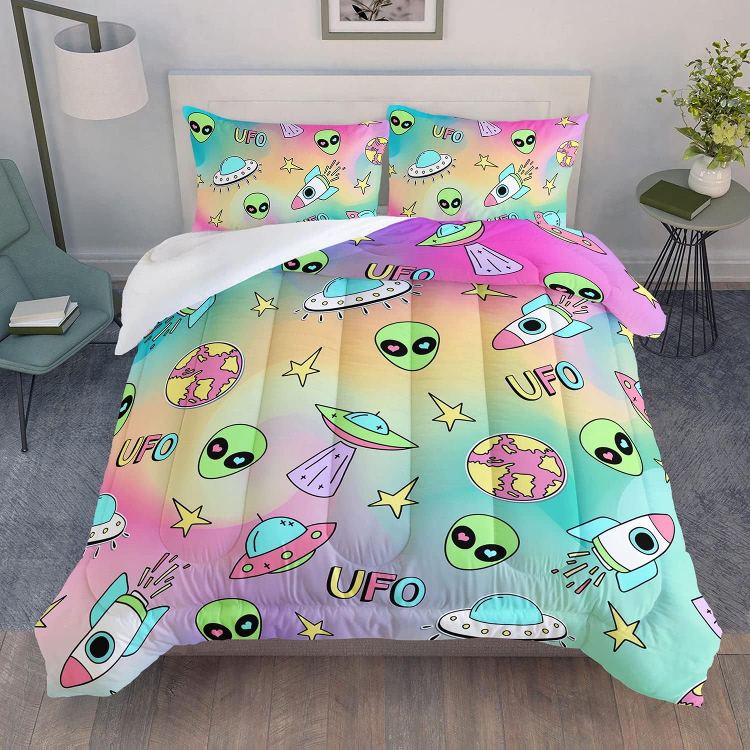UFO Bedding Set UFO Spaceship Earth Pattern Duvet Covers