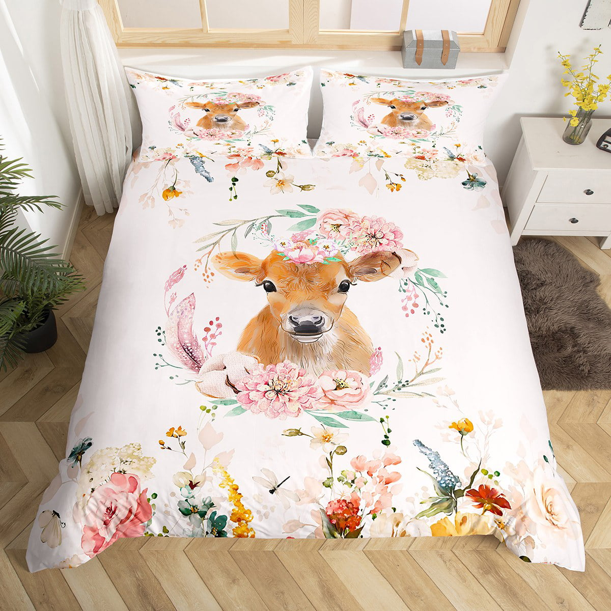 Cow Bedding Set Watercolor Flower Wild Cattle Duvet Covers