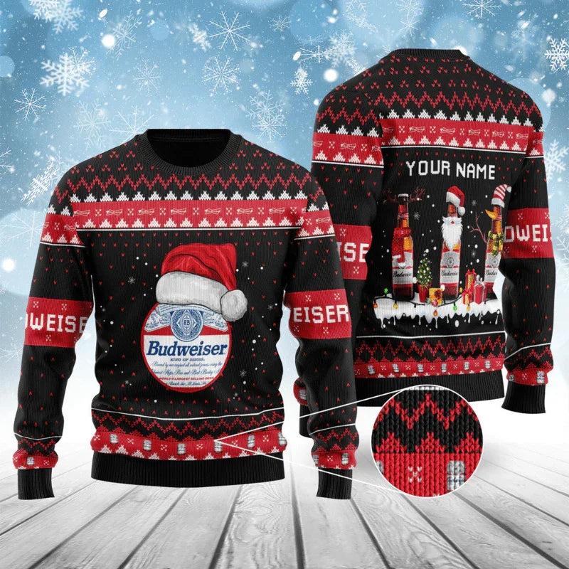 Personalized Budweiser Bottle Santa Ugly Christmas Sweater