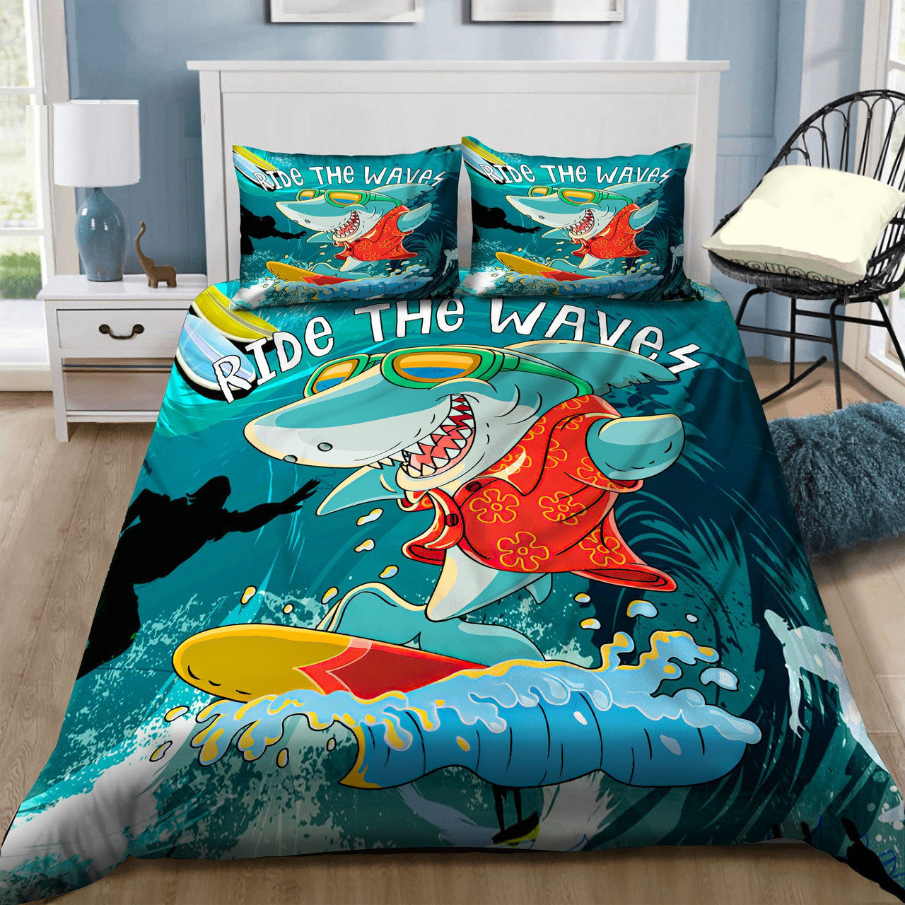 Shark Bedding Set Surfing Shark Ride The Waves Duvet Covers