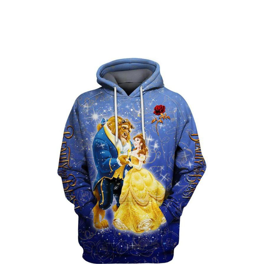 Blue Beauty And The Beast Cartoon, Belle And The Beast All Over Print Hoodie