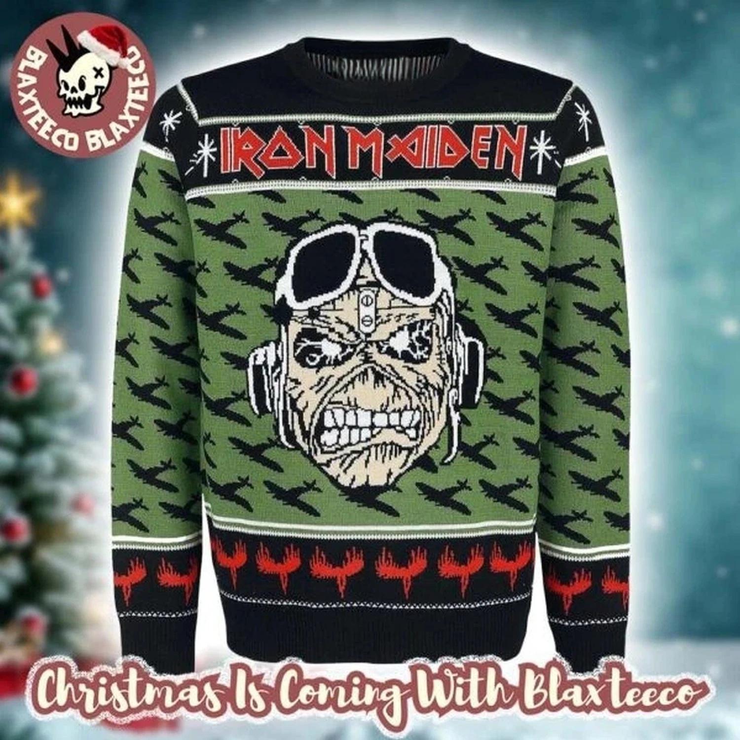 Iron Maiden A Matter of Life and Pilot Eddie With Airplane Ugly Christmas Sweater